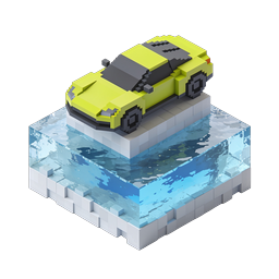 Ícone de carro esportivo amarelo em voxel isométrico sobre bloco de água