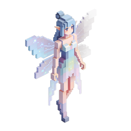 Personaje de hada voxel isométrico con alas brillantes