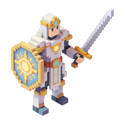 Icona 3D isometrica di guerriero cavaliere voxel con scudo