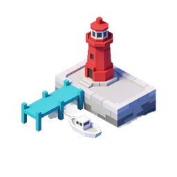 Isometric Voxel Lighthouse with Dock and Boat Icon