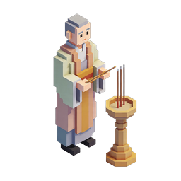 Voxel Monk Incense Ritual 3D Isometric Icon