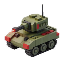 Icona 3D isometrica voxel di carro armato militare con cannone laser