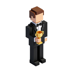 Icône de gagnant en smoking voxel avec trophée doré