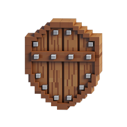 Ícone de jogo 3D de escudo de madeira Voxel isométrico