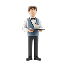 3D Waiter Character Icon with Tray and Clipboard