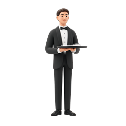 3D Waiter Serving Tray Icon - Professional Hospitality Character