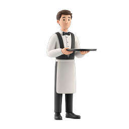 3D Waiter Character Icon with Serving Tray