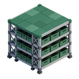 Isometric Warehouse Storage Rack Icon with Green Bins