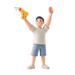 Cheerful 3D Character with Water Gun Celebration Icon