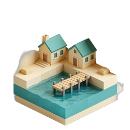Isometric Waterfront Cottages Icon with Dock