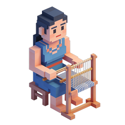 Isometric Voxel Weaver Operating Wooden Loom Icon