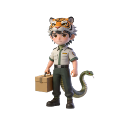 トラの帽子とコブラを身につけた野生動物レンジャーキャラクター