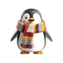 Icona 3D di simpatico pinguino invernale con sciarpa a righe