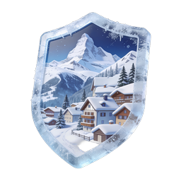 Winter Mountain Village Shield Icon | 3D Frosty Alpine Scene