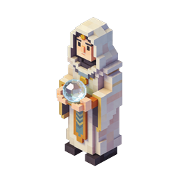 Isometric Voxel Sage Character with Crystal Orb Icon