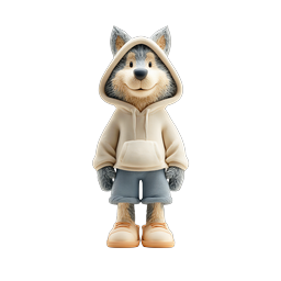Personnage de loup mignon en sweat à capuche - icône mascotte rendue en 3D