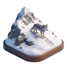 Icona 3D di lupo, montagna, neve e fauna invernale