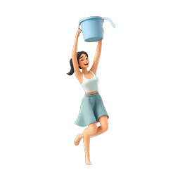 ไอคอนตัวละคร 3D ผู้หญิงร่าเริงกำลังสาดน้ำจากถัง