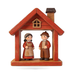 Wooden Couple in Red House Folk Art Icon