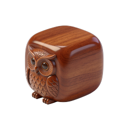 Wooden Owl Cube Icon – Realistic 3D Carved Figurine