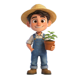 Young Farmer Boy Holding Plant - 3D Character Icon