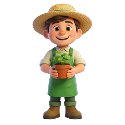 Cheerful Young Farmer Boy 3D Character with Plant