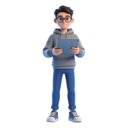 Icona personaggio 3D di un giovane uomo che usa un tablet